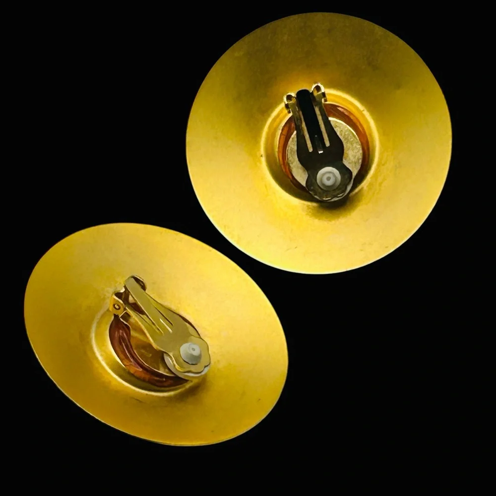 Amazing Huge Blue Rivoli Disk Earrings Matte Gold Tone